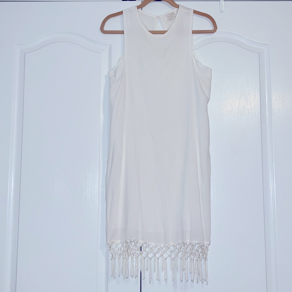 Mud Pie White Macrame Fringe Shift Dress